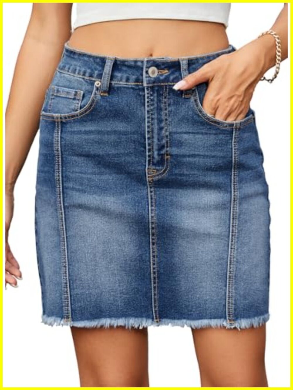 High Waist Raw Hem Denim Skirt Stretch Cotton Blend Mini Skirt